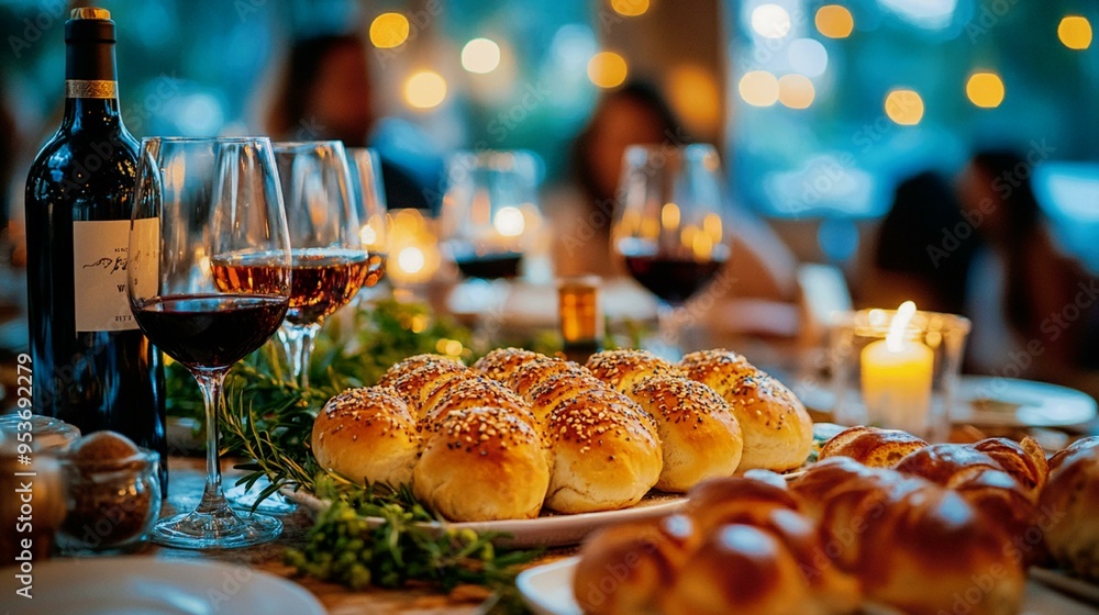 Hanukkah beautifully arranged table set with traditional foods, lit menorah and festive decorations Hanukkah beautifully arranged table set with traditional foods, lit menorah and festive decorations