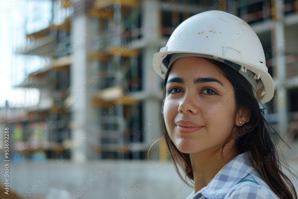 Latin woman builder in hardhat at construction site. Latin woman builder in hardhat at construction site.