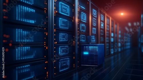 Futuristic data center interior with glowing servers and blue lights, showcasing cutting-edge technology and modern infrastructure.