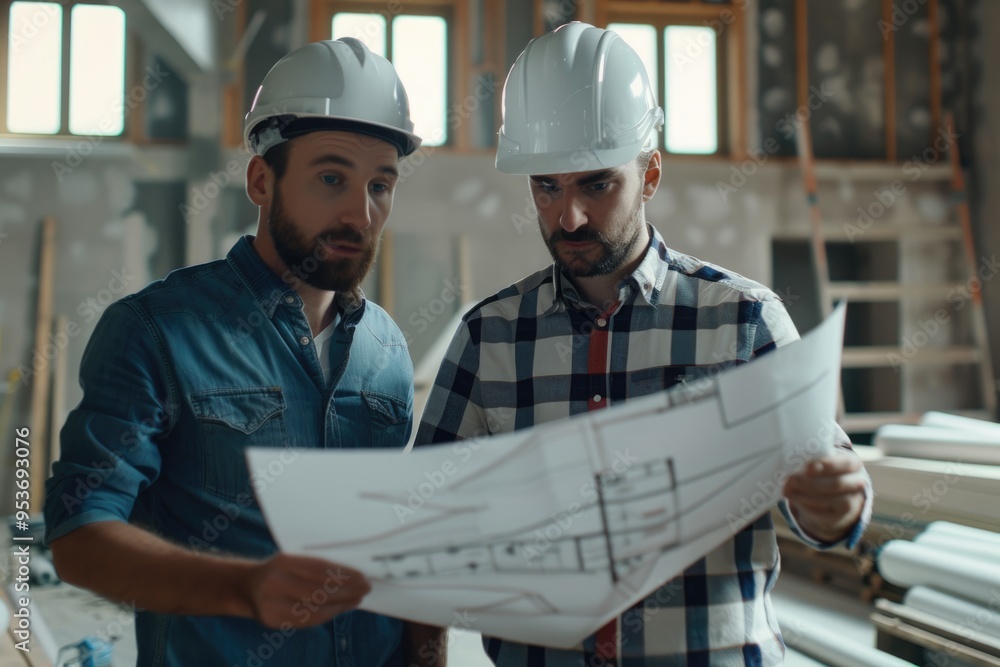 Professionals discuss plans at home construction site. Professionals discuss plans at home construction site.