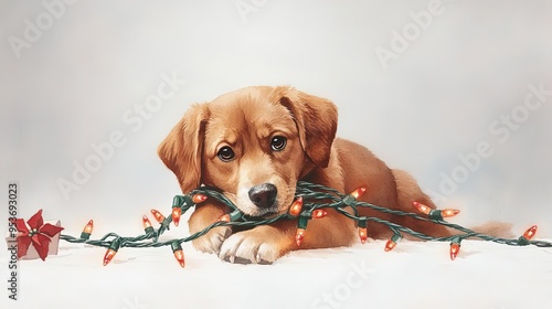 Dog tangled in Christmas lights, festive scene,