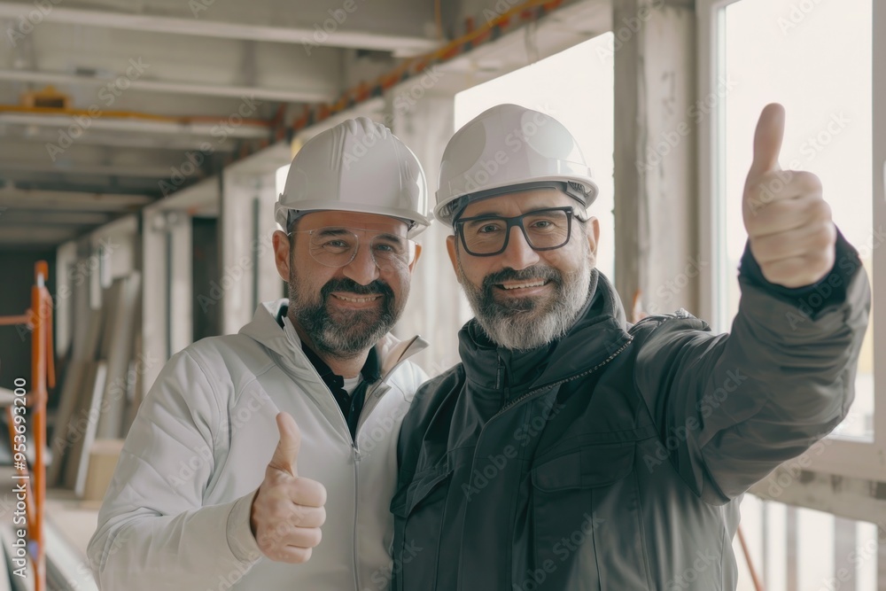 Architect and engineer on construction site with thumbs up. Architect and engineer on construction site with thumbs up.