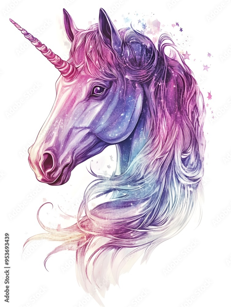 Captivating Mystical Unicorn with Iridescent Shimmering Mane on Tranquil White Backdrop Captivating Mystical Unicorn with Iridescent Shimmering Mane on Tranquil White Backdrop