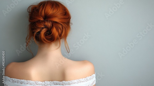 A woman with flowing red hair stands quietly, her back turned, lost in thought