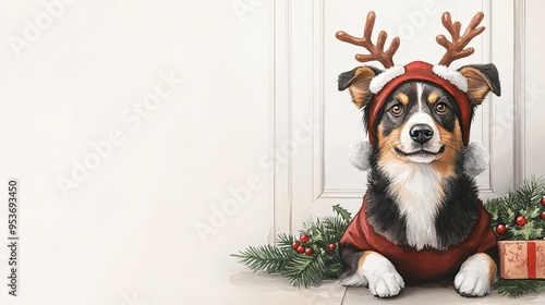 Dog with reindeer costume, festive home setting,