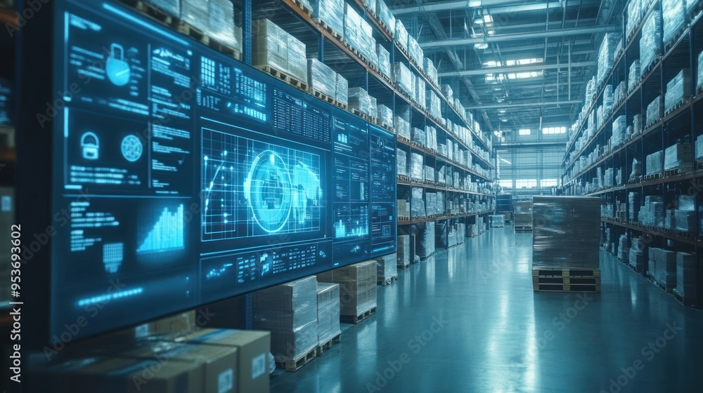 Warehouse with Digital Display Showing Inventory Data and Global Supply Chain Network Warehouse with Digital Display Showing Inventory Data and Global Supply Chain Network