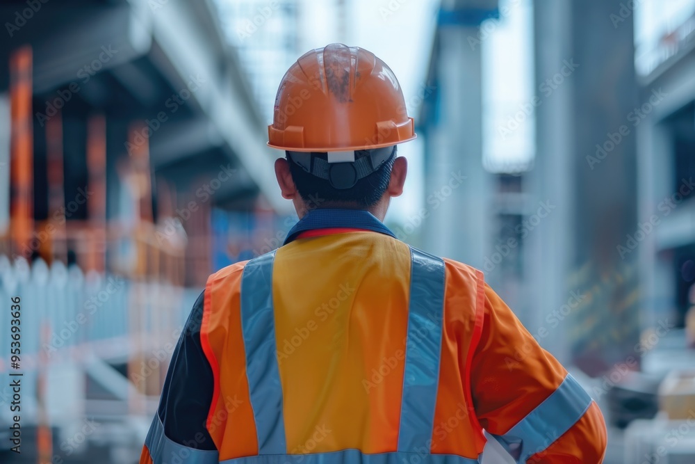 Engineer in safety gear overseeing construction project. Engineer in safety gear overseeing construction project.