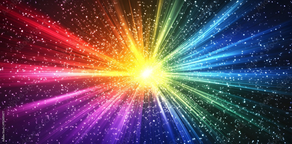 Fototapeta premium Abstract rainbow background with bright light emanating from center surrounded by glitter.