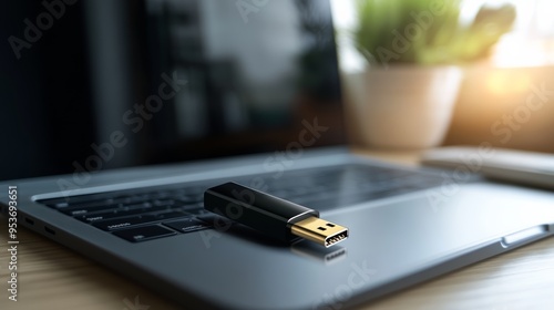 Encrypted USB flash drive resting on a laptop keyboard in a modern office. Digital protection and secure data storage. photo