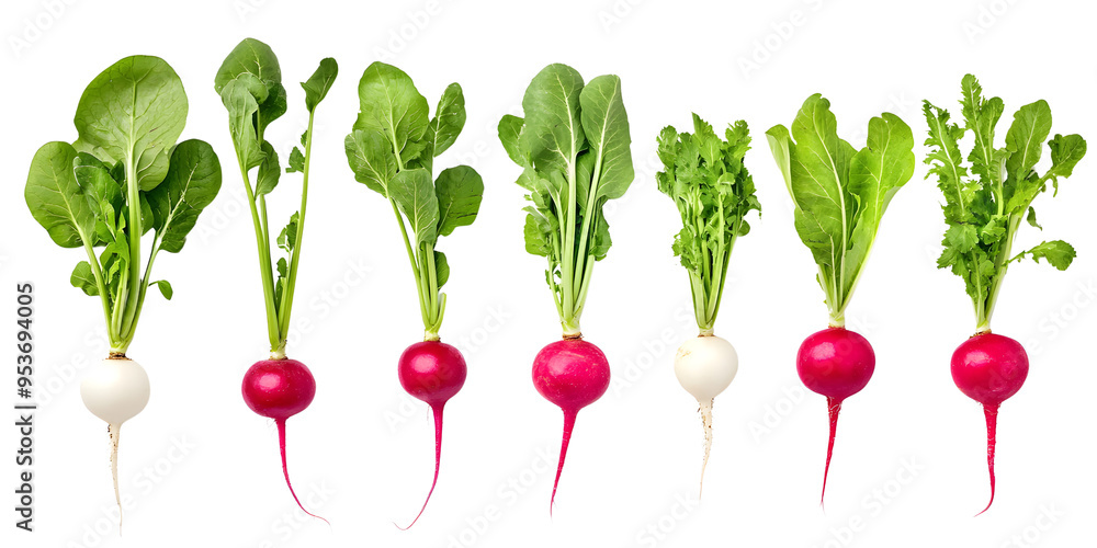 Fresh red and white radishes with green tops isolated transparent background Fresh red and white radishes with green tops isolated transparent background