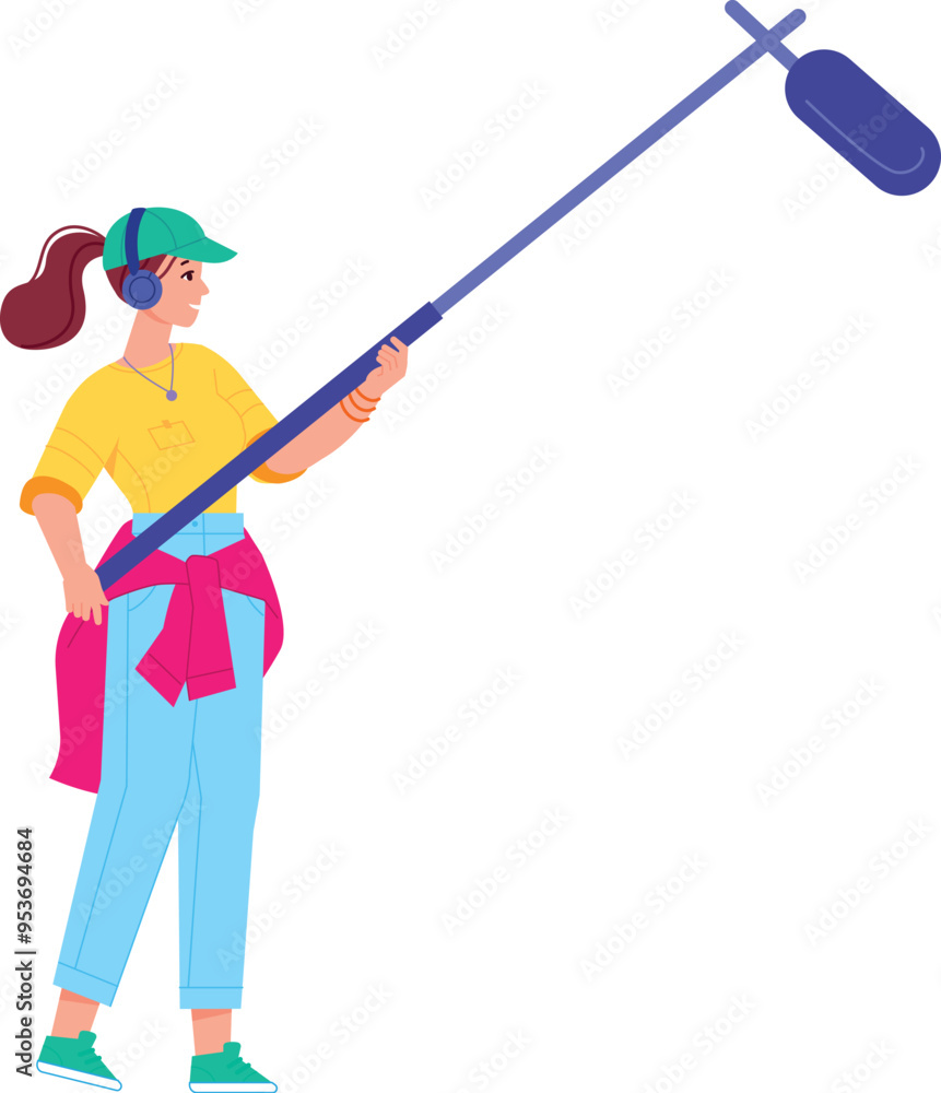 Cinema shooting crew character. Woman hold microphone Cinema shooting crew character. Woman hold microphone