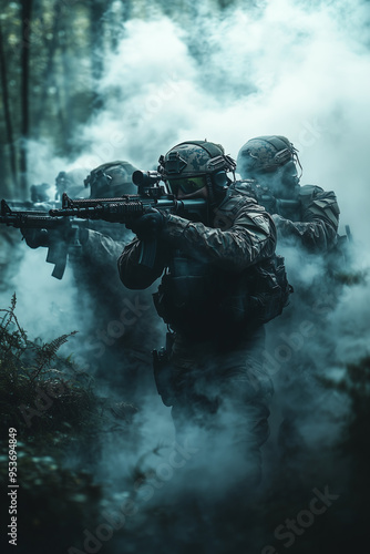 special forces soldier Currently performing duties in the forest, a smoky mission location