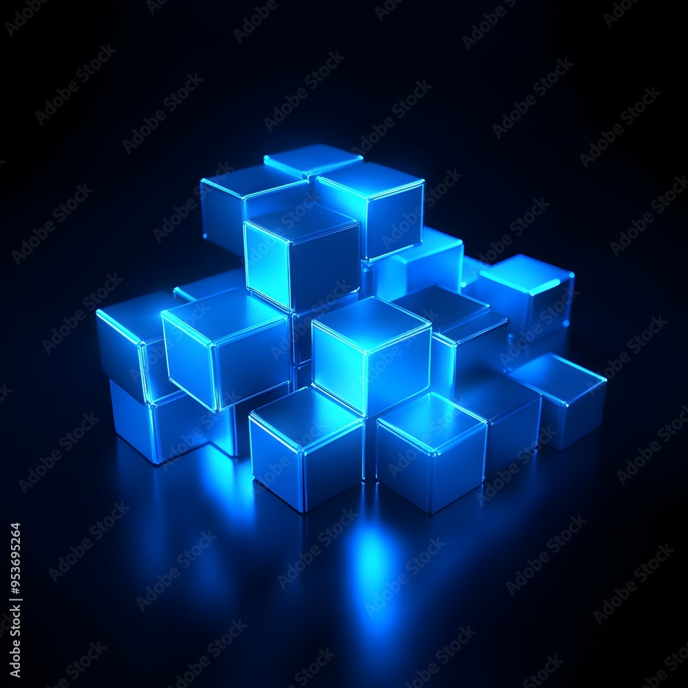 Blue glowing cubes stacked on a dark background, reflecting light. Blue glowing cubes stacked on a dark background, reflecting light.