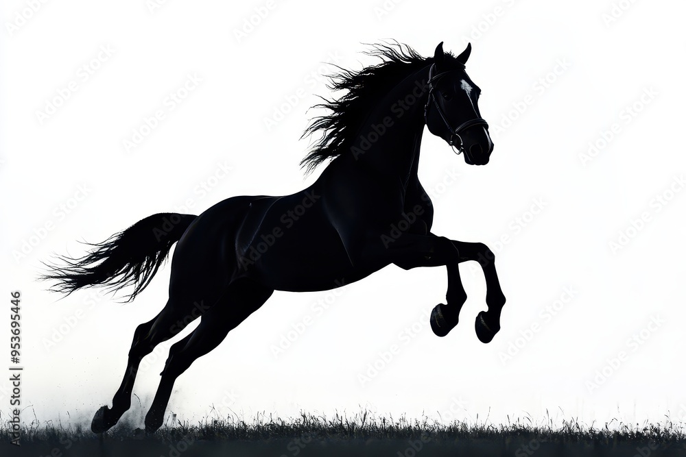 A silhouette of a black horse galloping against a bright background. A silhouette of a black horse galloping against a bright background.