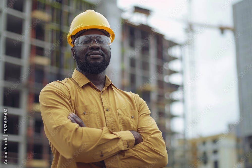 Black male civil engineer in uniform smiling on construction site. Black male civil engineer in uniform smiling on construction site.