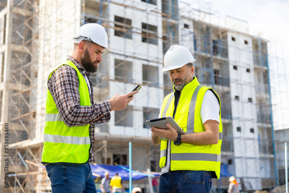 Architect and contractor working on building in construction site. Two Professional Architects Engineer Working on Personal laptop computer at house construction site Architect and contractor working on building in construction site. Two Professional Architects Engineer Working on Personal laptop computer at house construction site