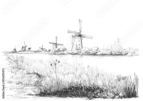 Windmills on the river hand drawn pencil sketch with transparent background 
