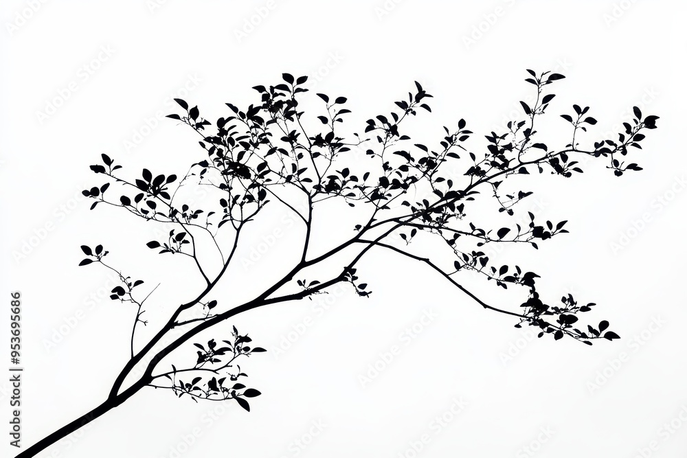 Fototapeta premium A silhouette of a branch with leaves against a white background, emphasizing nature's beauty.