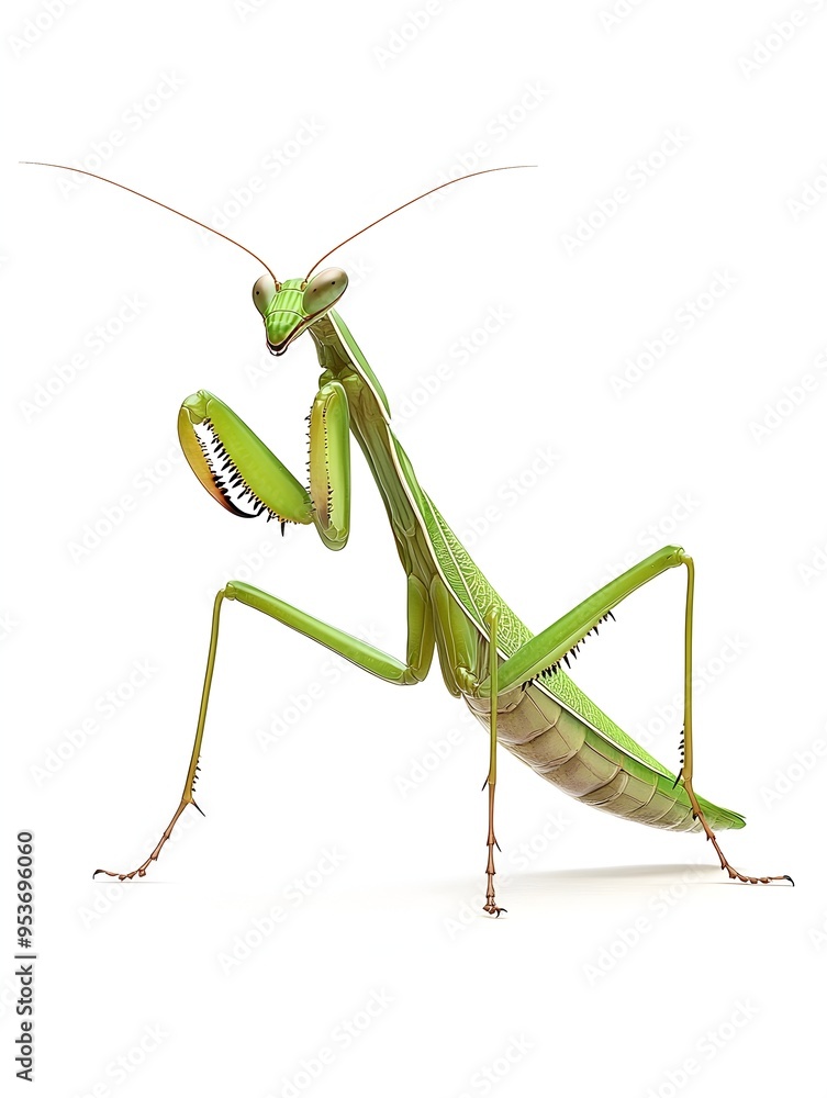 Vibrant Green Mantis in Dramatic Action Stance Captivating Lifelike Precision on Clean White Backdrop Vibrant Green Mantis in Dramatic Action Stance Captivating Lifelike Precision on Clean White Backdrop