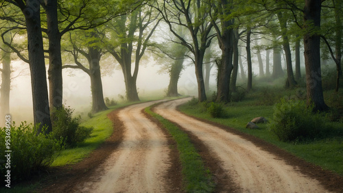 Misty Forest Path A Winding Dirt Road Leading Through a Serene and Enigmatic Woodland Landscape