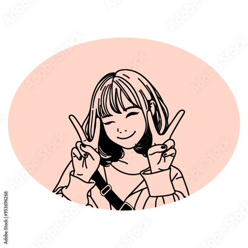 A girl is holding up her right hand and making a peace sign