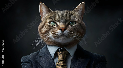 A tabby cat wearing a suit ...