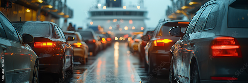 View from behind the car Cars in traffic jam on ferry, sea crossing by ferry View from behind the car Cars in traffic jam on ferry, sea crossing by ferry