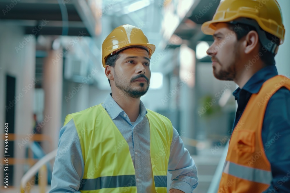 Young Hispanic engineer in office discussing work with colleague. Young Hispanic engineer in office discussing work with colleague.