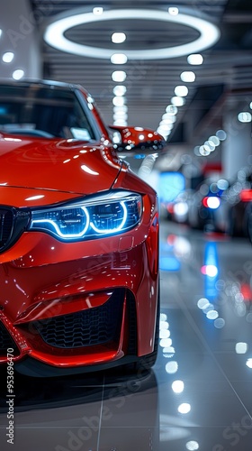 Modern car led headlight in showroom