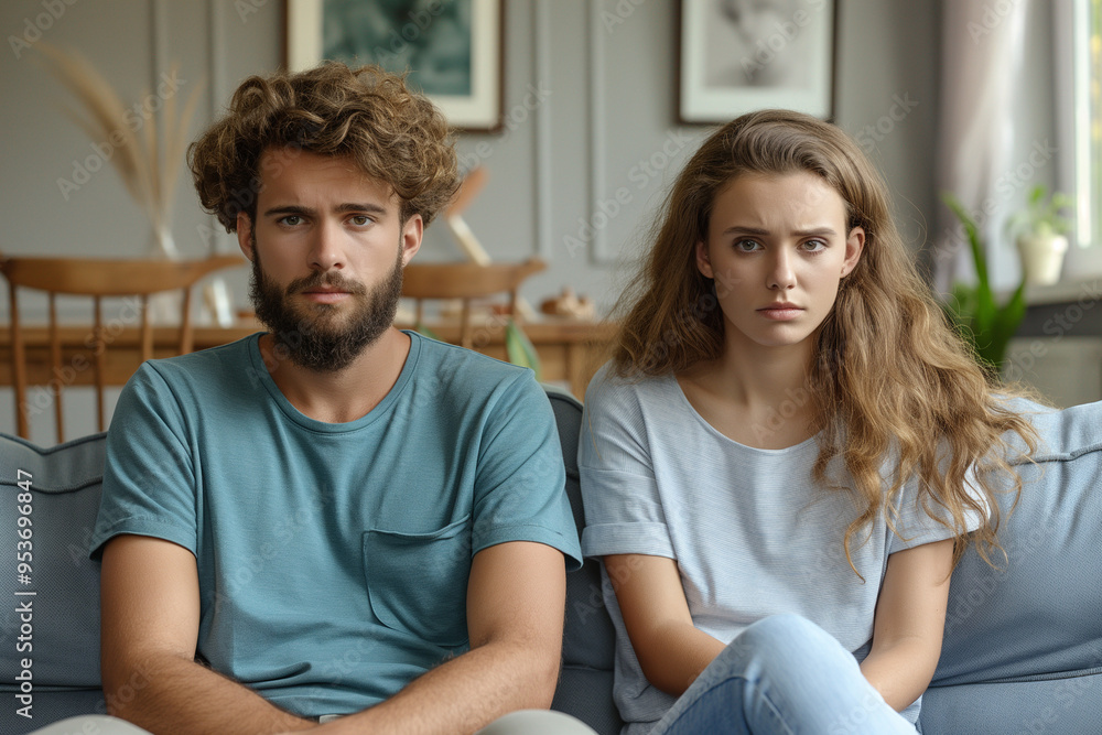 Unhappy young couple fights on couch, relationship is in trouble. Unhappy young couple fights on couch, relationship is in trouble.