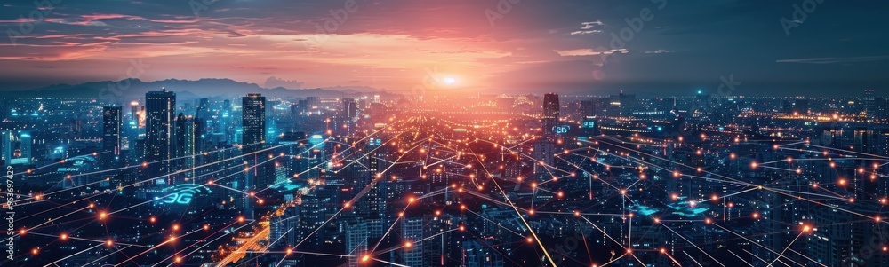 A close up of a city with many lines of lights, banner, copy space, telecommunication industry A close up of a city with many lines of lights, banner, copy space, telecommunication industry