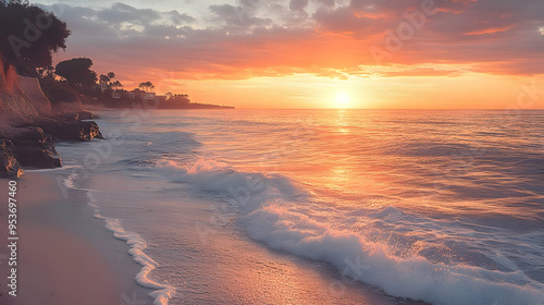 A tranquil beach scene with...