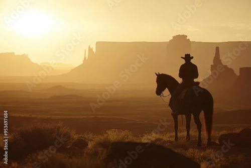 A silhouette of a cowboy on horseback against a sunset landscape.