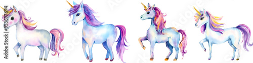 A whimsical collection of colorful unicorn illustrations featuring various poses and expressions, perfect for children's designs.