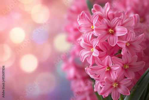 Pink hyacinth in spring, blurred background, pastel colors, soft focus.