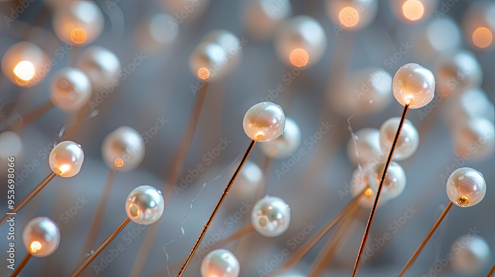 Obraz premium Straight pins with white pearl heads connected with thread