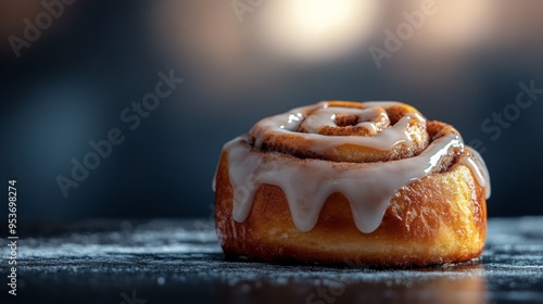 A high-quality AI-generated stock image of a warm, freshly baked cinnamon roll with a drizzle of icing, positioned on the right side of the frame, leaving ample space on the left for text.