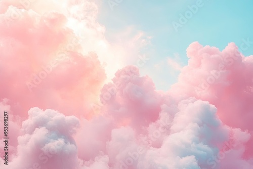 Fantasy sky with sugar cotton pink pastel clouds in a dreamy background. Generative Ai