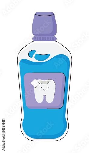 Flat vector illustration of a bottle of mouthwash with a cartoon tooth design on the label used for dental care and oral hygiene promoting healthy teeth and gums as a health care product