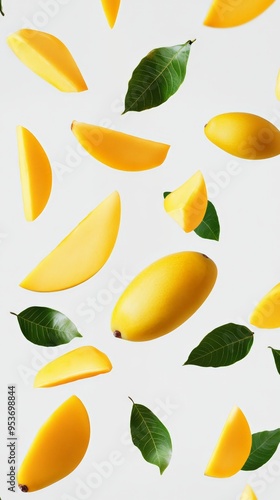 Floating mango slices and green leaves on a neutral background. Tropical-themed food photography