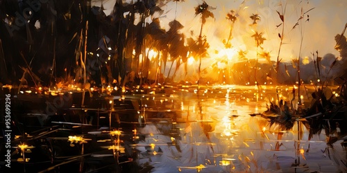 A painting of a sunset over a body of water with palm trees in the background