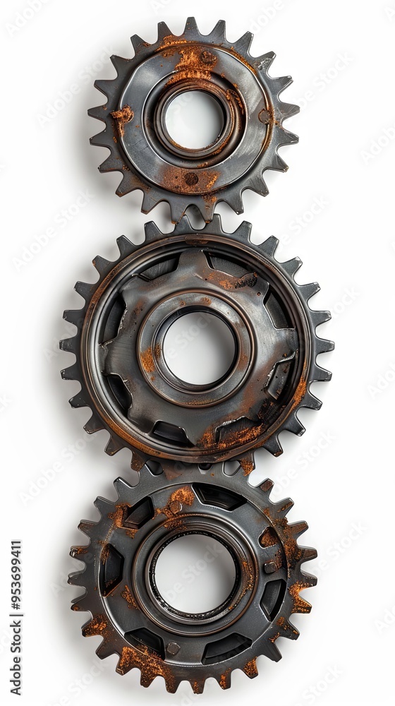 Top view of 3 metal gear isolated on white