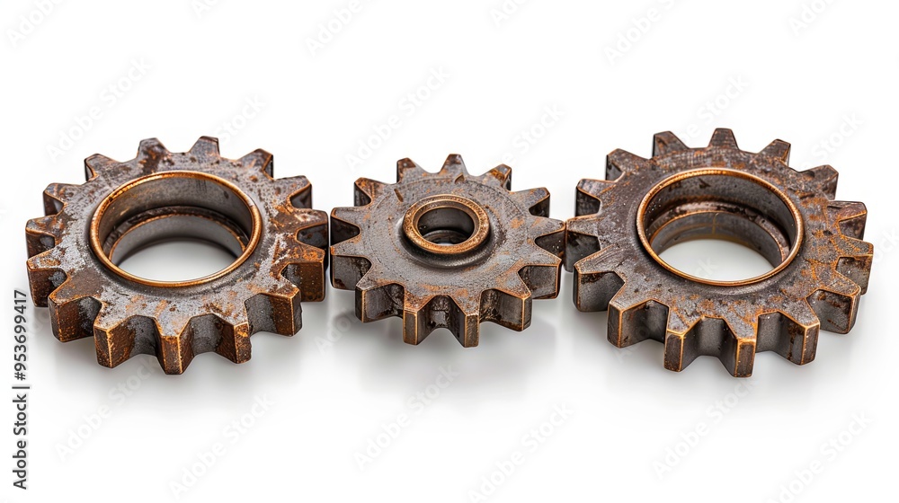 Top view of 3 metal gear isolated on white Top view of 3 metal gear isolated on white