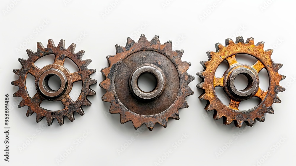 Top view of 3 metal gear isolated on white Top view of 3 metal gear isolated on white