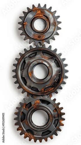 Top view of 3 metal gear isolated on white