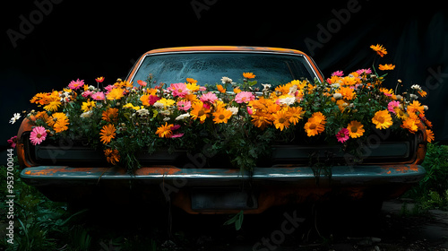 A vintage car is covered in...