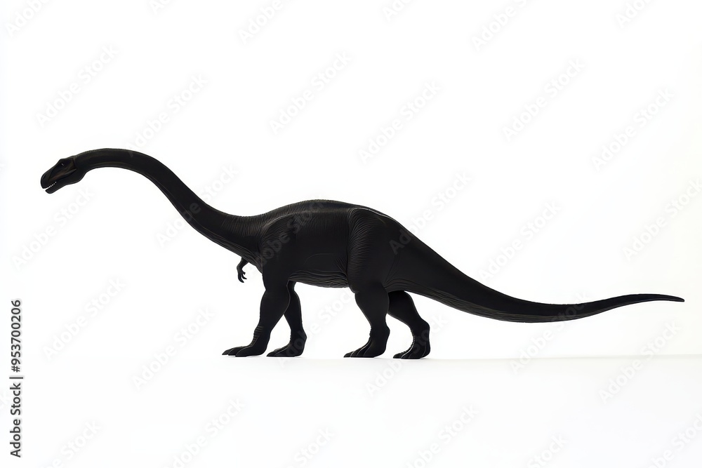 A silhouette of a dinosaur figure, showcasing its long neck and tail against a plain background. A silhouette of a dinosaur figure, showcasing its long neck and tail against a plain background.