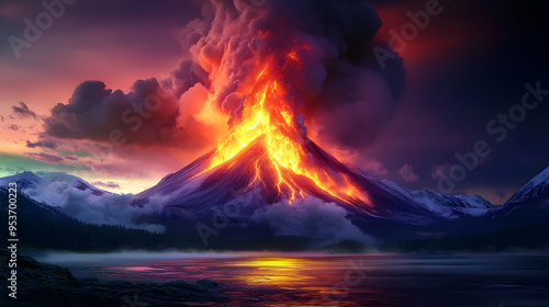 A volcano erupts with fiery lava, spewing smoke and ash into the air, casting an orange glow on the surrounding snow-capped mountains and a calm lake.