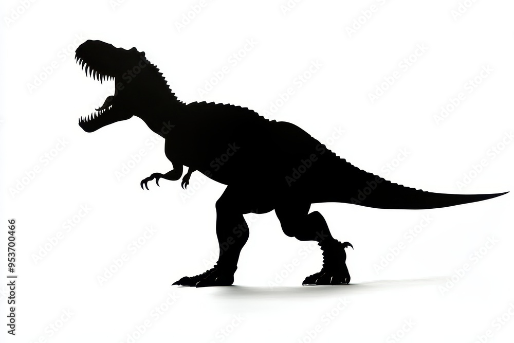 A silhouette of a dinosaur, likely a T-Rex, against a white background. A silhouette of a dinosaur, likely a T-Rex, against a white background.