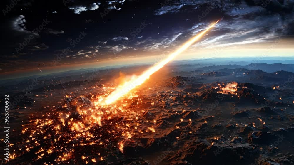 A fiery meteor streaks across the night sky above a burning landscape A fiery meteor streaks across the night sky above a burning landscape